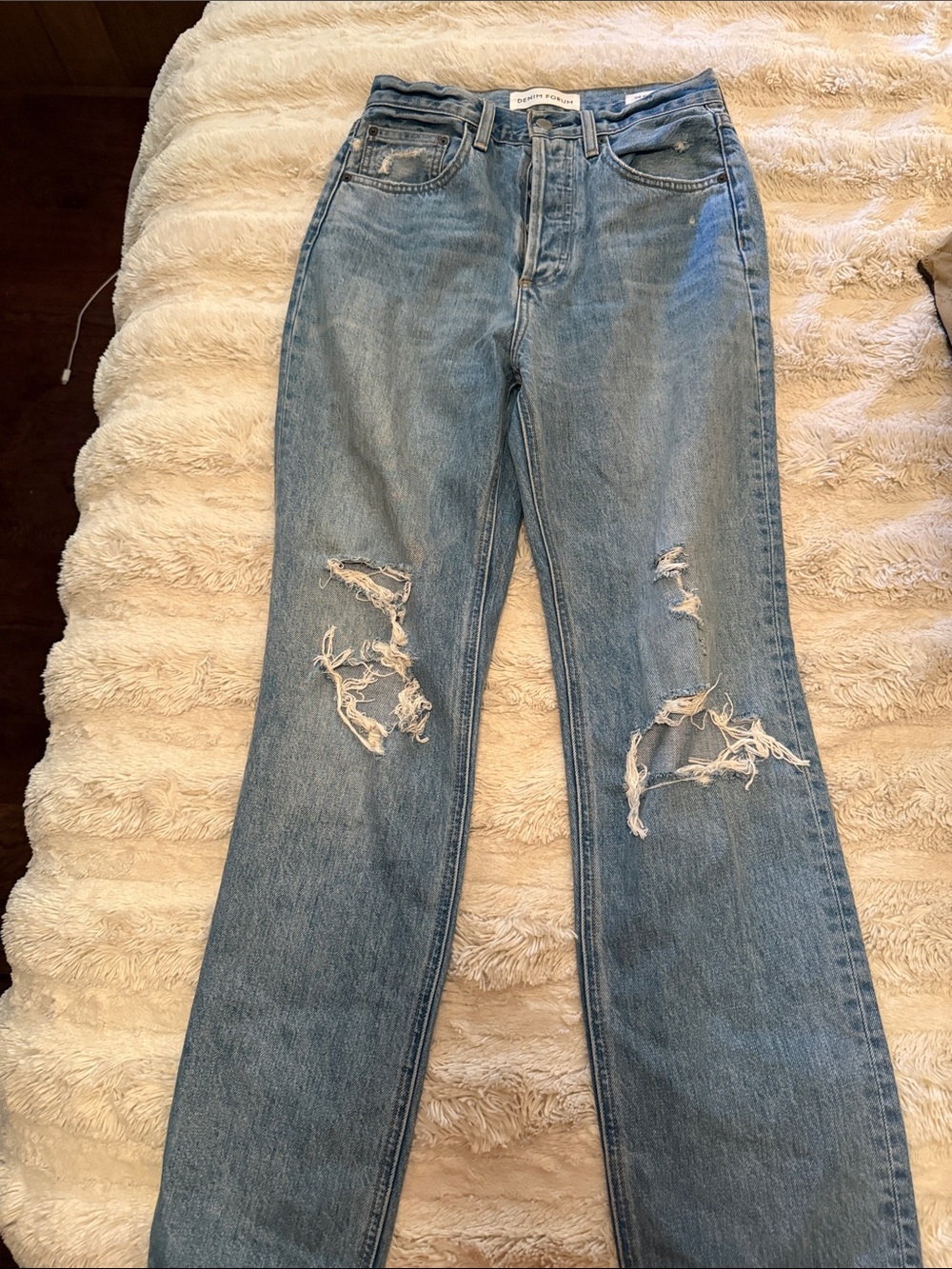 Denim Forum Light Blue Distressed Straight-Leg Jeans